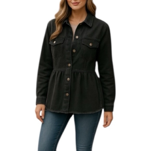COCO + CARMEN Black Denim Peplum Jacket XXL – Snap Front, Raw Hem, Chic Layering - Picture 1 of 9